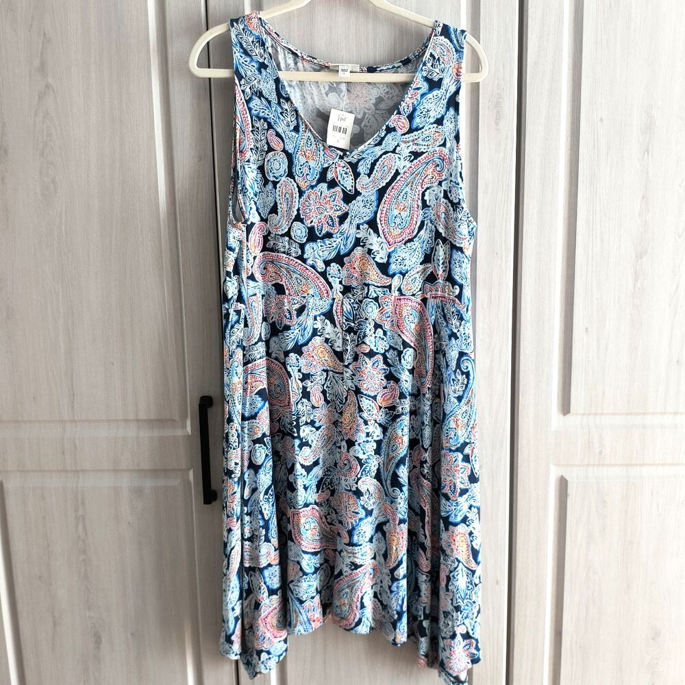 J. Jill Dress NEW L Blue Sleeveless Paisley Stretch Coastal Office Knee Length